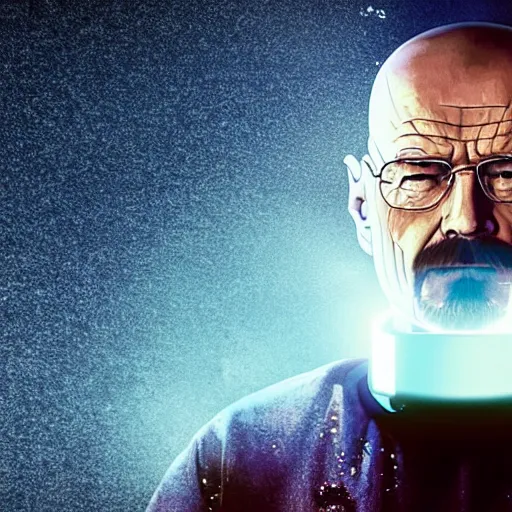 Image similar to photo of walter white standing on a hoverboard with an exploding car behind him, color, cinematic lighting