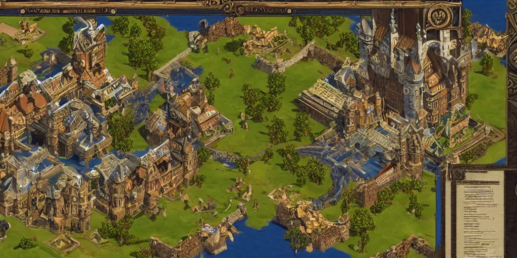 Image similar to art nouveau real time strategy in style of Pre Rafael, gameplay, units, buildings, base, medieval, fantasy, bright colors, high contrast, high detailed, Art Deco, Age of Empires 2, Warcraft 3 gameplay, Battle for MidlleEarth, Stronghold