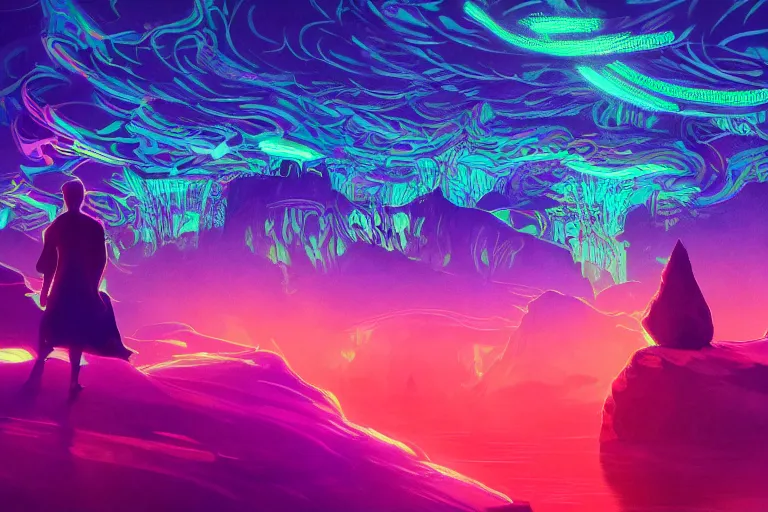 Image similar to wide ((wide)) photo of beautiful Jesse Faden (((dynamic neon lighting)) in chromatic dmt trippy lake with glowing birds, mountains, elegant, highly detailed, sharp focus, illustration, beautiful, geometric, trending on artstation, cinematic, artwork by Tran, Ross and Aivazovsky, Ivan