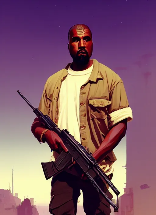 Image similar to highly detailed portrait kanye holding ak 4 7 in gta v stephen bliss unreal engine fantasy art by greg rutkowski loish rhads ferdinand knab makoto shinkai lois van baarle ilya kuvshinov rossdraws tom bagshaw global illumination radiant light detailed intricate environment