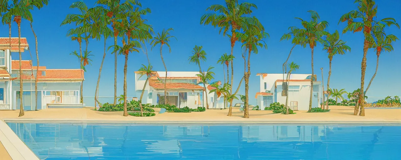 Prompt: one storey house with pool beside the sea, south california, palm trees, summer, vibrant colours, hiroshi nagai