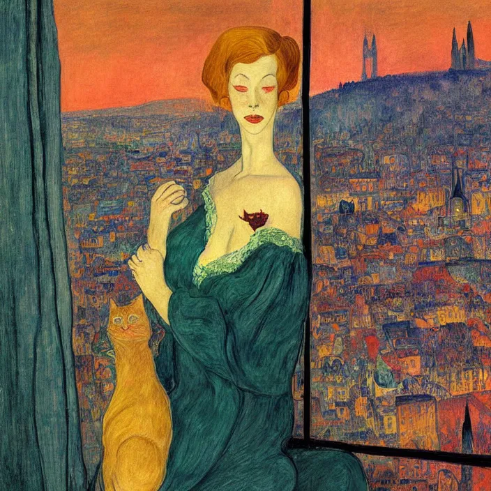 Image similar to close portrait of woman in night gown with cat and aloe vera, with city with gothic cathedral seen from a window frame with curtains. sun through the clouds, vivid iridescent colors. agnes pelton, egon schiele, henri de toulouse - lautrec, utamaro, monet