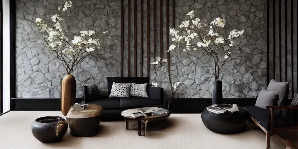 Image similar to lounge and dining room, stone, interior design, stylish luxury hotel living room design, yakisugi, black vertical slatted timber, textures, feminine, black walls, art, Japanese pottery vase with flowers, kakejiku, seasonal, Japanese influences