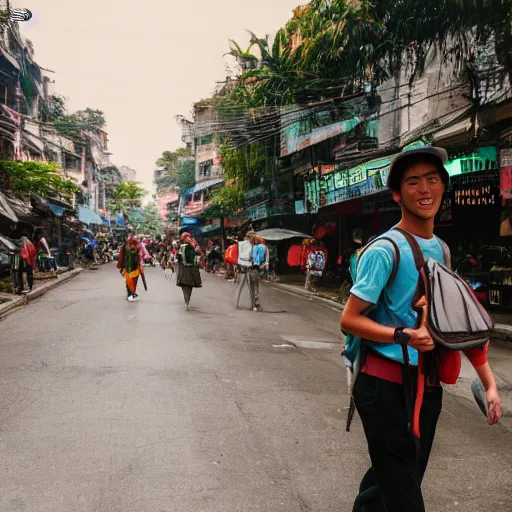 Prompt: 20 year old male American tourist wearing a backpack walking through hanoi as a Vietnamese propaganda poster. 8k resolution.