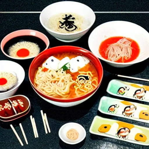 Prompt: hayao miyazaki studio ghibli ramen and sushi cooking anime