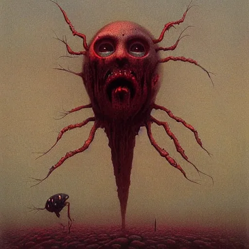 Image similar to ladybug as a monster, fantasy art style, scary atmosphere, nightmare - like dream by zdzisław beksinski