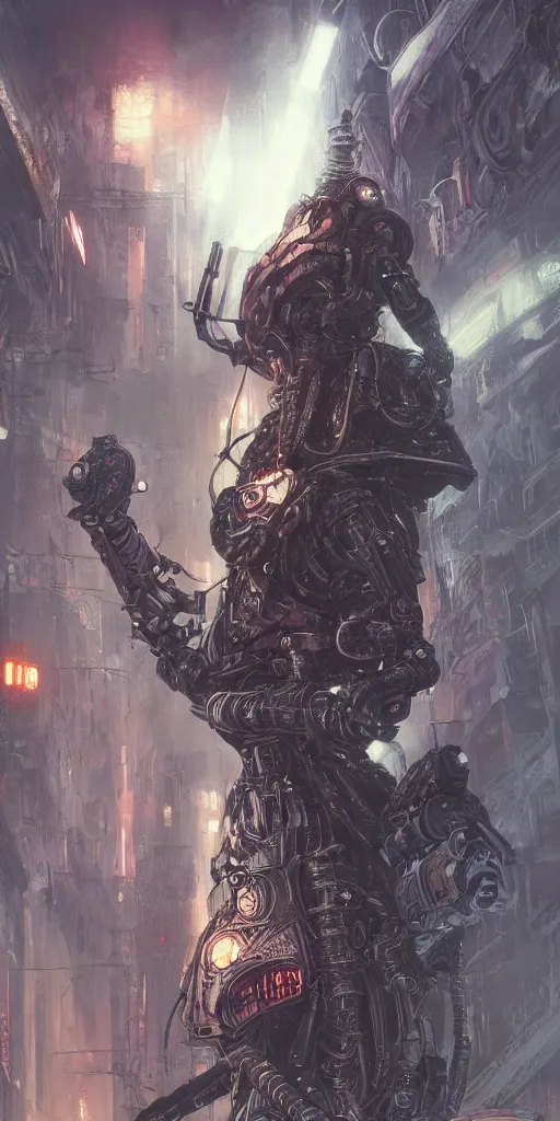 Prompt: concept art, retro - futurist viking cyborg warrior, detailed, ornate, hyper - realistic, towering, imperious size, artstation, dramatic neon lighting, glowing mystical motifs, bladerunner, by gerald brom, james jean, syd mead, akihiko yoshida, cinematic