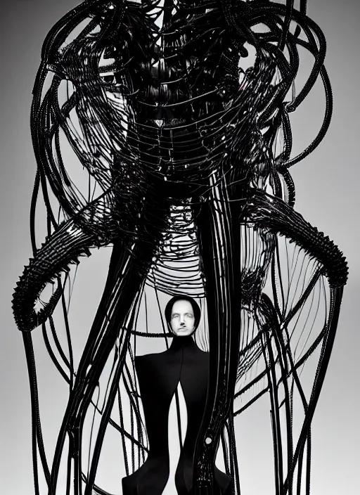 Image similar to walking down the catwalk, steven klein, mert alas and marcus piggott, show, stage, vogue photo, podium, fashion show photo, iris van herpen, beautiful woman, full body shot, masterpiece, inflateble shapes, plant predator, guyver, jellyfish, wires, veins, biomechanical details, bionic cyborg implants, colourfull