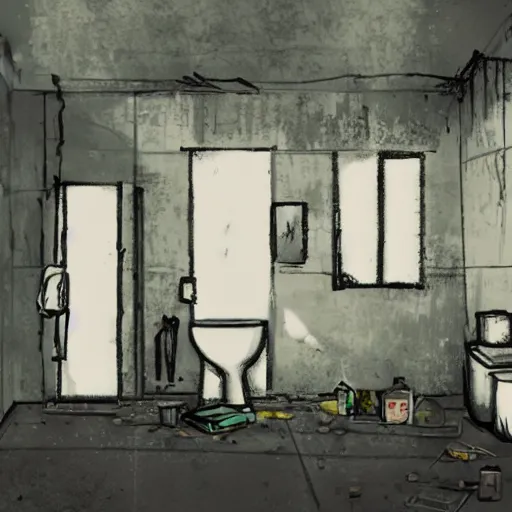 Prompt: a darkly lit janitors room with a toilet in the corner, cleaning supplies, grungy, dirty, highly detailed