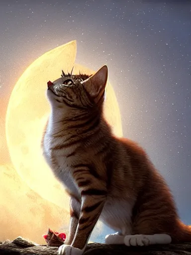 Image similar to two cats howling at the moon, near the ocean. intricate, elegant, highly detailed, digital painting, artstation, concept art, sharp focus, illustration, by justin gerard and artgerm, 8 k