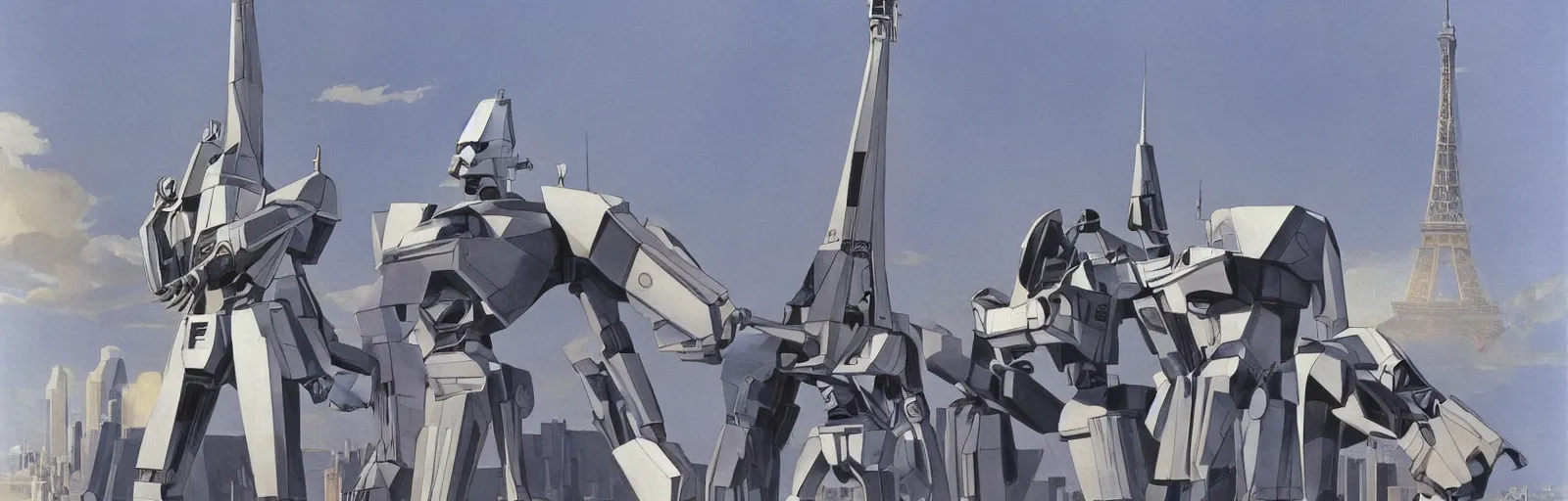 Prompt: ralph mcquarrie art from the 1969 movie MECHA-CONCORDE vs ROBO-EIFFEL the giant humanoid Eiffel Tower battles the swan-like superplane above the streets of paris-futur - starring ALAIN DELON and Simon Cowell- art direction by moebius hq production still technicolor