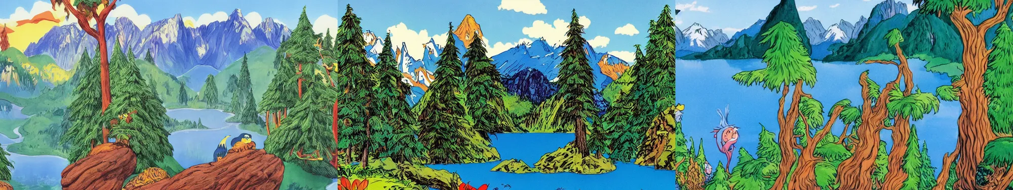 Prompt: mountains, trees, and lake, by theodor seuss geisel