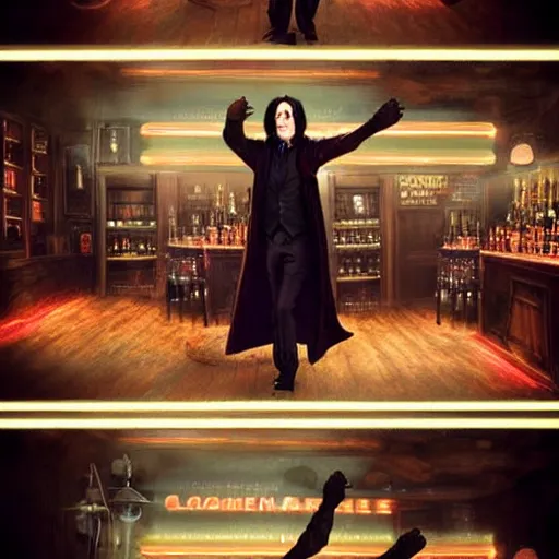 Image similar to Severus Snape dances in a bar, neon light, realistic, full body, very detailed, super realistic