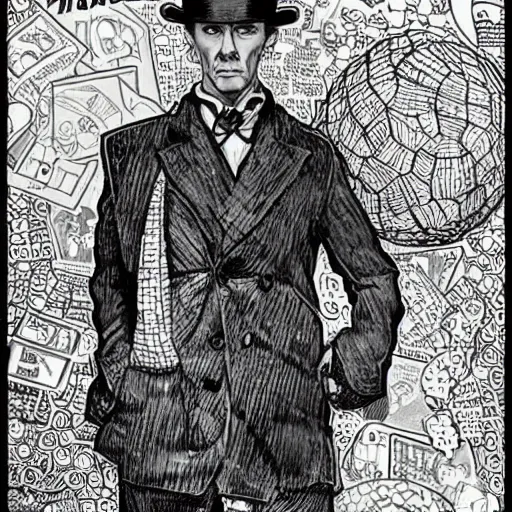 Image similar to portrait of sherlock holmes, mash - up between mc escher and vincent van gogh, marvel comics style