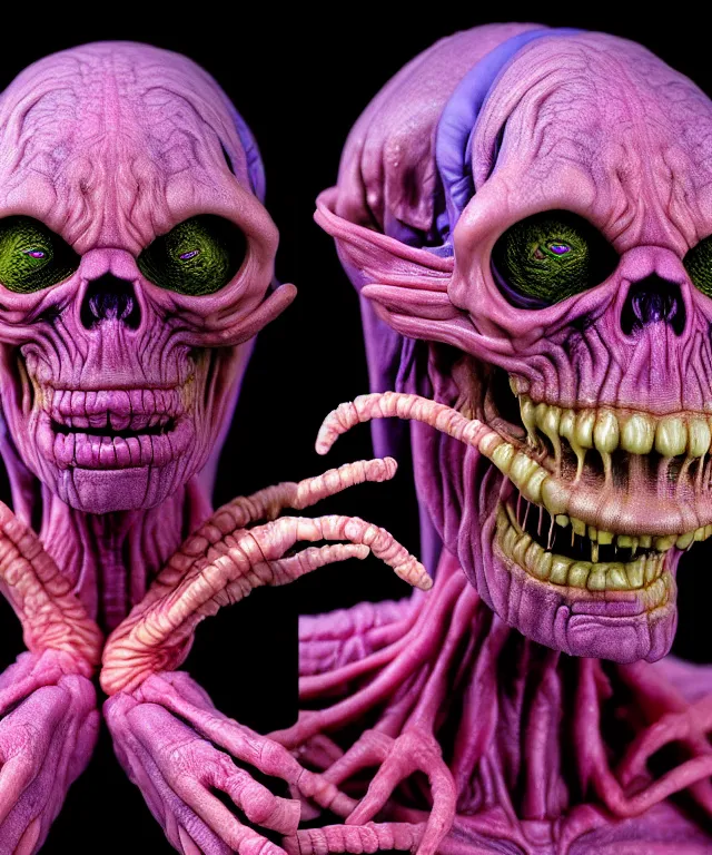 Image similar to hyperrealistic rendering, cronenberg flesh monster skeletor by art of skinner and richard corben and jeff easley, product photography, action figure, sofubi, studio lighting, colored gels