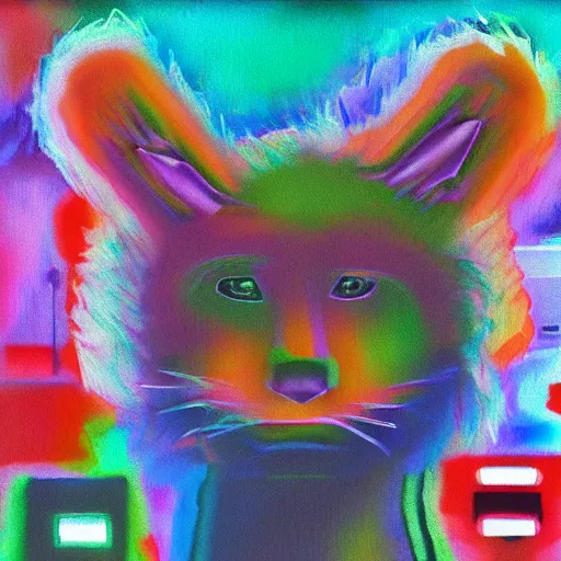 Image similar to furry, made out of fur, array of crt televisions, tv static, antenna, stacked, polaroid, steroids, adult video store, impressionist painting, painting, acrylic painting, cell shaded