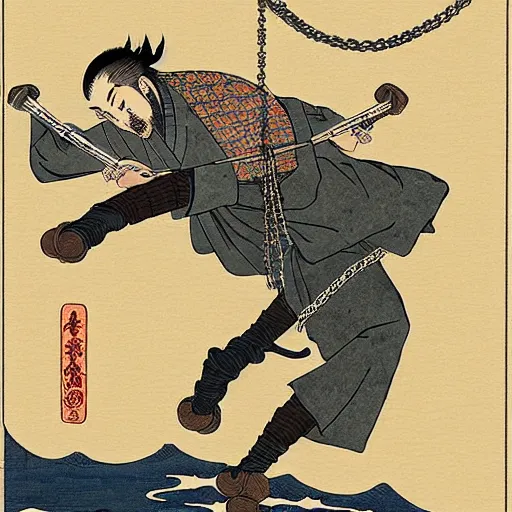 Image similar to by hokusai, samurai man vagabond, the samurai holds a pair of chains, detailed, matte print, concept art, ink style, sketch, digital 2 d