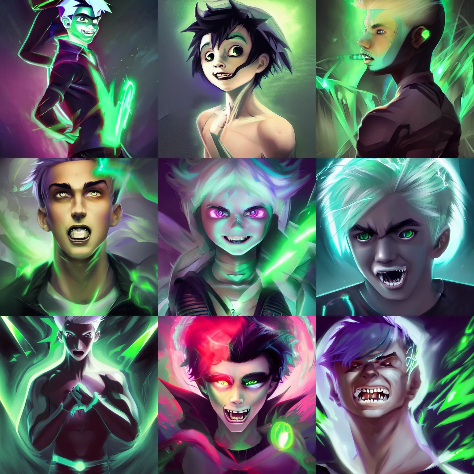 Prompt: Young Danny phantom with glowing green eyes and sharp fangs teeth, alt art, alt fashion, digital matte intricate illustration concept art, by WLOP and Ross Tran and Charlie Bowater and Artgerm and Mark Arian, neon colors, symmetry, greco-roman art, intricate complexity, epic composition, magical atmosphere, highly detailed, photorealistic face, cinematic lighting, masterpiece, trending on artstation + 8k