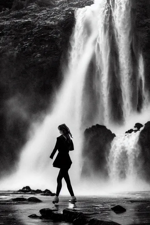 Image similar to intimate photo of emma watson walking through a waterfall, portrait in the style of petter hegre, sharp details, beautiful face, pale skin, rule of thirds, cinematic lighting, rainy weather, melancholy atmosphere, sharp focus, backlit, stunning, smooth, hard focus, full body shot, instagram photo, shot on iphone 1 3 pro max, hyper realistic