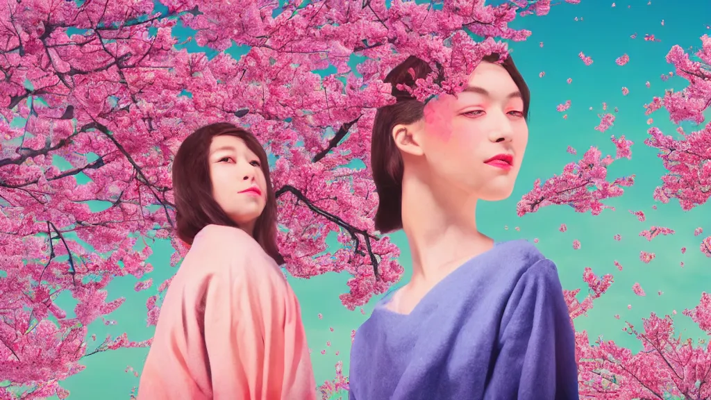 Image similar to close - up of a young pretty woman in a small group of people, a flower viewing picnic sakura, japan, a collage painting, in the style of wes anderson, lola dupre, david hockney, isolated on negative white space background dark monochrome neon fluorescent spraypaint accents volumetric octane render