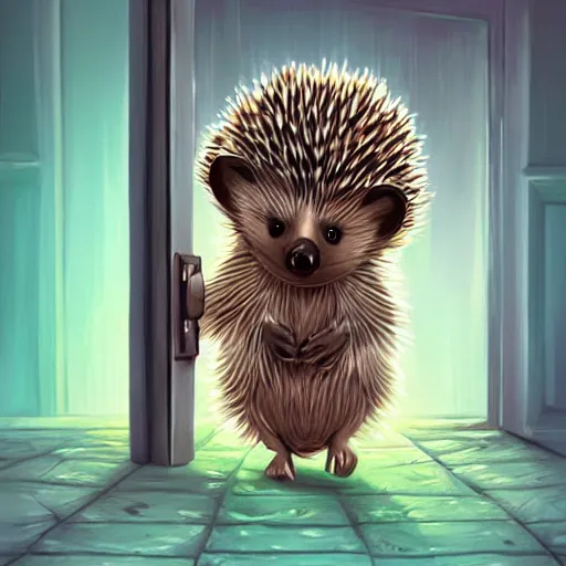 Image similar to cute adorable hedgehog opening the door, waving, smiling, cute, hedgehog, by cyril rolando