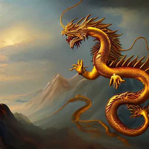 Image similar to a landscape painting of a golden serpent dragon winding through the air in a mountain range, chinese dragon, intimidating clouds, ultrawide angle, depth of field, in a baroque style, 4 k, artstation