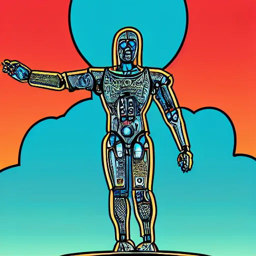 Image similar to detailed comic style illustration of robotic cyborg christ the redeemer statue, in front of a nuclear explosion, cyberpunk, retro-futurist, dark