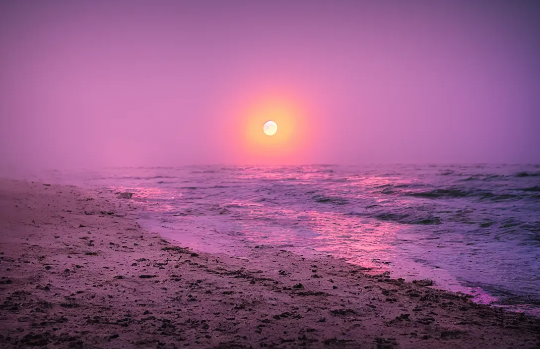 Prompt: beach with purple water, glowing moon, sigma lens, strong bokeh, photography, highly detailed, 8 5 mm, f / 1. 3, foggy, dramatic lighting, 4 k