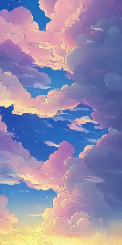 Image similar to A beautiful illustration of beautiful burning cloud in the evening sky, breathtaking clouds, The cloud is ethereal and mystical, and it seems to be glowing from within, buildings, trees, birds, wide angle, by makoto shinkai, Wu daozi, very detailed, deviantart, 8k vertical wallpaper, tropical, colorful, airy, anime illustration, anime nature wallpap