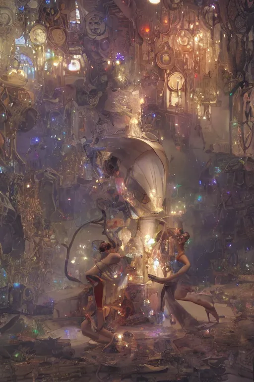 Image similar to sparkly machines listen symbolically in the tar house, by artgerm and Craig Mullins, James Jean, Andrey Ryabovichev, Mark Simonetti and Peter Morbacher 16k