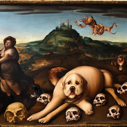 Prompt: obese dog in hell, sitting next to a human skull, renaissance painting