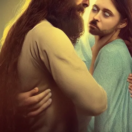 Image similar to creepy jesus christ hovering over a young woman rubbing her shoulder and sniffing her hair.