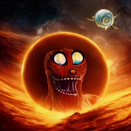 Image similar to eldritch horror bloody garfield in space, hd, 8 k, giant, epic, realistic photo, unreal engine, stars, prophecy, powerful, cinematic lighting, destroyed planet, debris, violent, sinister, ray tracing, dynamic, epic composition, dark, horrific, teeth, grotesque, scary, monochrome drawing