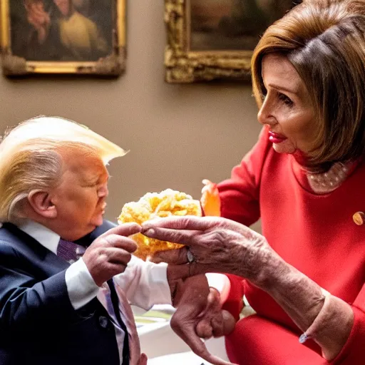 Prompt: Nancy pelosi feeding man baby Donald trump chicken nuggets who is sitting in a high chair, mannerism