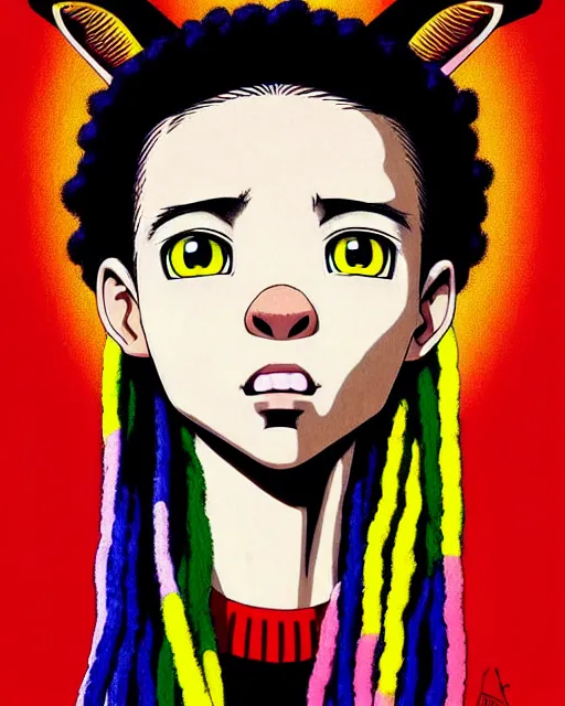 Prompt: portrait Anime 1984 Rasta Goat Goat wearing-rasta-clothes Soft fine face pretty face, realistic shaded Perfect face, fine details. Anime. background: Los-Angeles San-Francisco; hyperrealistic by Ilya Kuvshinov katsuhiro otomo ghost-in-the-shell, magali villeneuve, artgerm, rutkowski Jeremy Lipkin and Giuseppe Dangelico Pino and Michael Garmash and Rob Rey