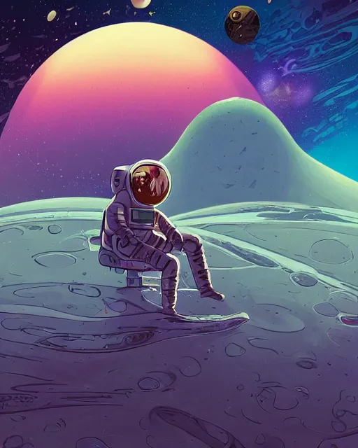 Prompt: wide shoot portrait of ethereal cosmonaut lie relaxed on a crescent moon between the stars and the planets in outer space, cosmonaut post grunge concept art,high detail,4k, trending on artstation by josan gonzalez, wlop, dan mumford and tyler edlin