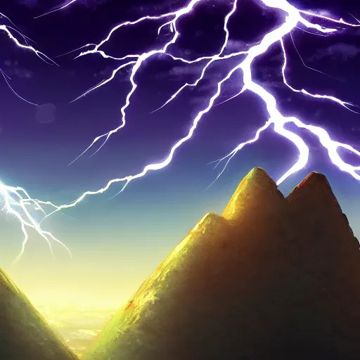 Image similar to a beautiful ultradetailed anime illustration of close up on lightning striking two ancient stone tablets, Mt. Sinai background, nighttime, spiritual, miraculous by makoto shinkai, anime wallpaper 4k, prismatic