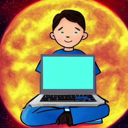 Prompt: a boy coding in a celestial computer to save the universe