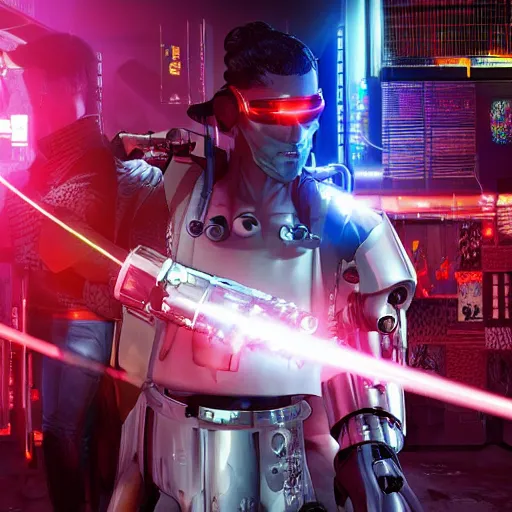 Prompt: a cyborg cyberpunk man stepping into a cyberpunk bar. His right hand is a laser pistol while his other hand has a laser katana. He is surrounded by men with laser katanas as well. The cyborg has a smirk on his face. Neon colors.