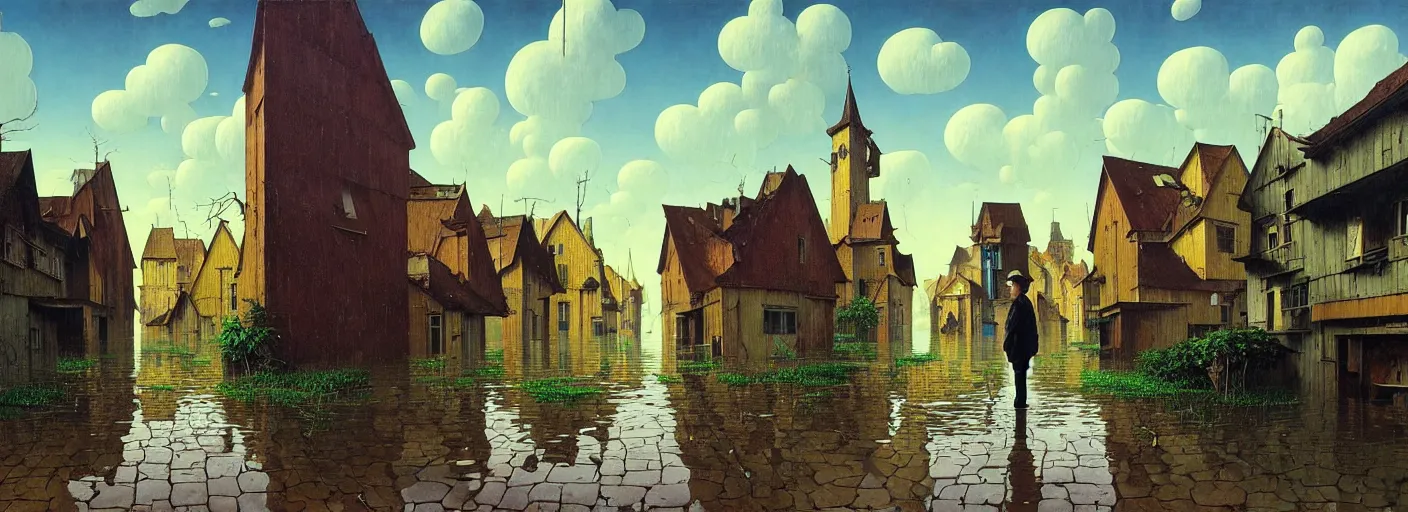 Prompt: flooded! old wooden empty cursed city street, very coherent and colorful high contrast masterpiece by gediminas pranckevicius rene magritte norman rockwell franz sedlacek, full - length view, dark shadows, sunny day, hard lighting, reference sheet white background