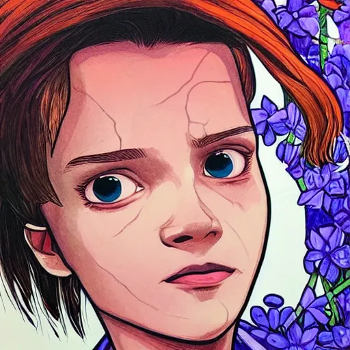 Prompt: portrait of beautiful eleven from stranger things by jeremiah ketner, detailed, flowers