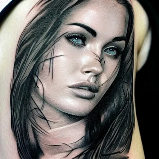 Image similar to realism tattoo sketch of double exposure of the face of megan fox, on beautiful mountain scenery, in the style of andrey lukovnikov