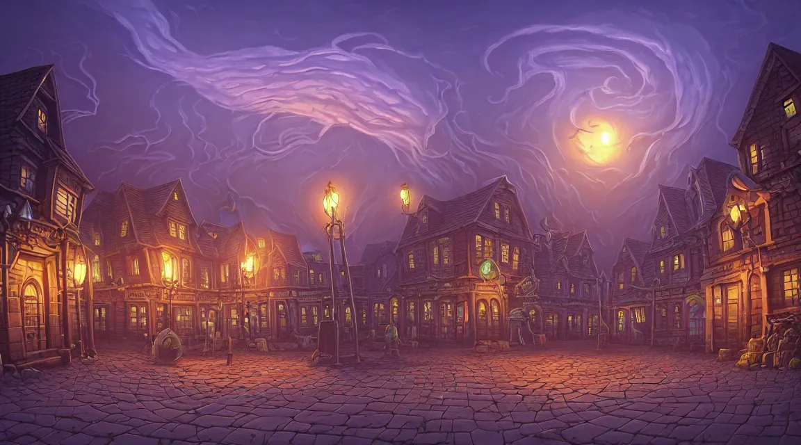 Prompt: empty lovecraftian town square surrounded by houses and inns. cthulhu statue. lovecraftian city at sunset by cyril rolando and naomi okubo and dan mumford and ricardo bofill. lovecraft. cobbled streets. oil lamp posts. lovecraftian. sunset swirly sky.