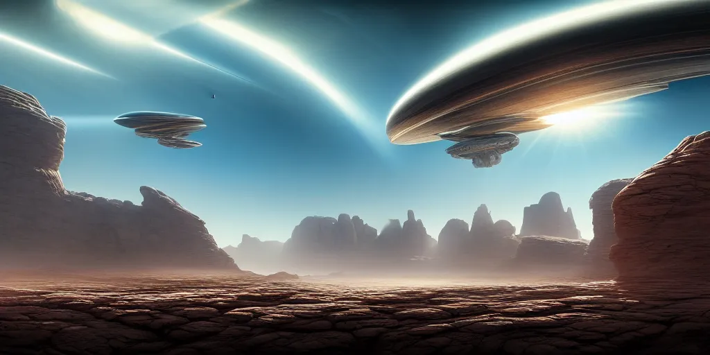 Image similar to giant tubular spaceship flying over rocky desert surface of planet, day, ultra high definition, ultra detailed, symmetry, god rays, sci - fi, dark fantasy, by paul chadeisson and denis villeneuve