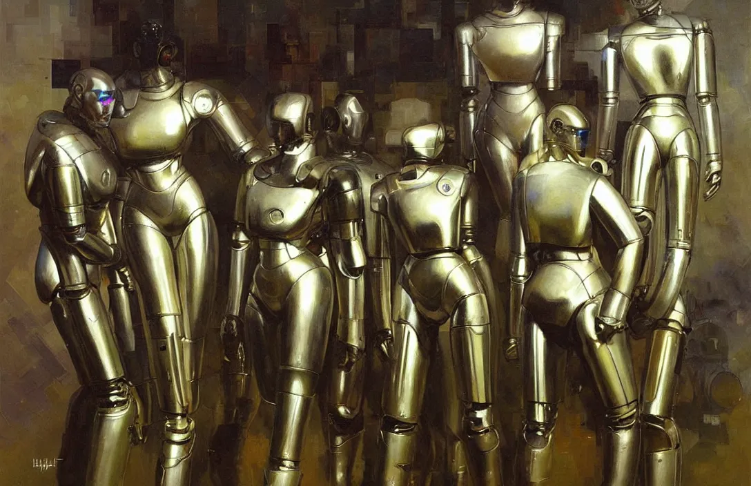 Prompt: four futuristic silver robots, detailed painting, epic lighting, by ilya repin, phil hale and kent williams