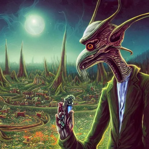 Image similar to a centered chest up portrait of a psychedelic demonic anthropomorphic wendigo smoking a hand - rolled cigarette smoking heavily, magic mushroom village in background. award winning. superb resolution. in the art style of junji ito and greg rutkowski. detailed mushroom city in background. hyper realistic anime. perfect art. dalle 2