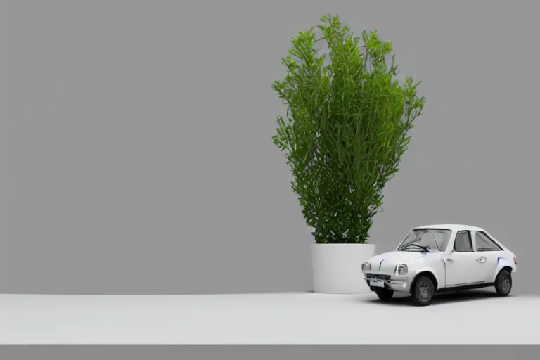Prompt: a small miniature of a Peugeot 309 Vital on a white table near a vase with a plant at sunset, 3d render, unreal engine 5, octane render, 4k, low contrast, ray tracing, serene landscape, calm, relaxing, beautiful landscape, highly detailed, high quality, product photo, hyperrealistic, concept art, symmetrical, centered, godrays