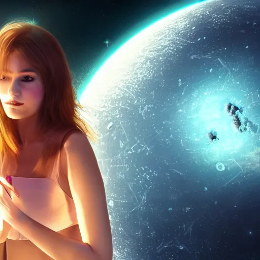 Prompt: lonely girl in space with meteoroids, 4k, hyper realistic, ocatane render exquisite detail