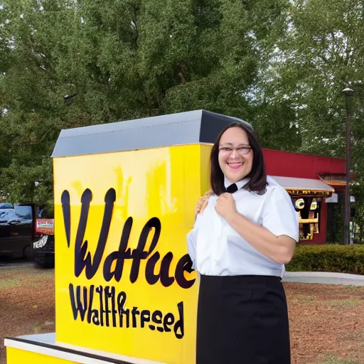 Image similar to wafflehouse employee's standing below wafflehouse sign