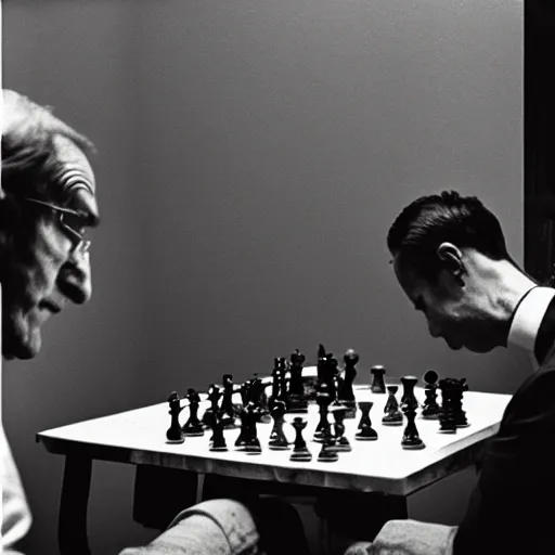 Image similar to a filmstill of Marcel Duchamp playing chess, reuters by Trent Parke